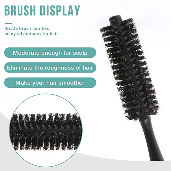 Mozeat Lens Boar Bristle Round Hair Brush, Hair Brush for Women & Men's Short Fine Hair, Beard, Natural Wooden Handle, Travel Size, 21cm(8.26in), Black
