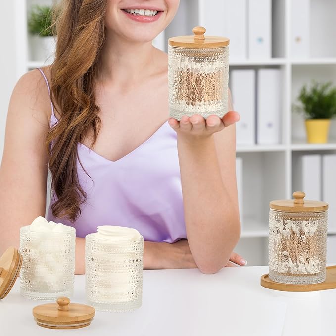 3 Pack Qtip Holder - Bathroom Organizers and Storage, Cotton Round Pad Holder Floss Pick Cotton Ball Holder with Tray, Glass Apothecary Jars with Lids, -clear y D