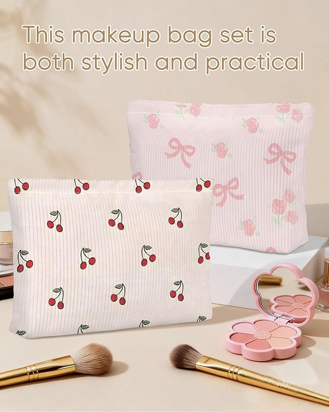 Cute Red Cherry Makeup Pouch for Women Small Make Up Beige Cherries Pattern Bag for Purse Zipper Initial Makeup Cosmetic Bags Pouches for Purse Aesthetic Travel Toiletry Bags