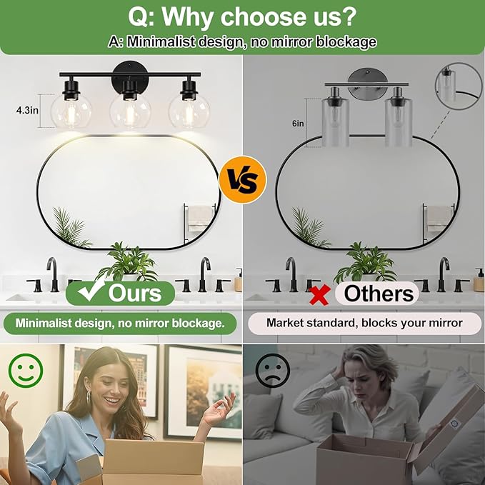 3-Light Bathroom Light Fixtures, Black Bathroom Lights Over Mirror with Clear Glass Globe Shade, Vanity Lights for Bathroom Kitchen Living Room Hallway Cabinet Bedroom Porch.