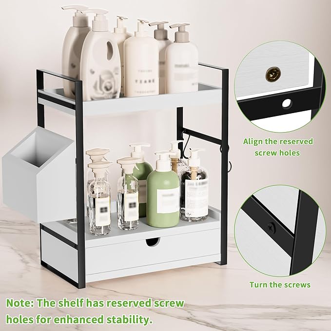 Kottwca Bathroom Counter Organizer with Drawer, 2-Tier Wood Countertop Organizer for Storage, Vanity Skincare Organizers, Bathroom Sink Shelf for Organization(White)