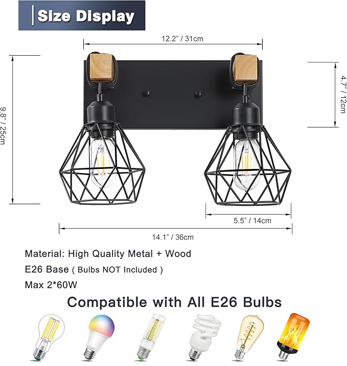 Farmhouse Bathroom Vanity Light Fixtures, 3-Light Wood Bathroom Light Fixtures Over Mirror, Rustic Sconces Wall Lighting with Elegant Metal Lampshade for Living Room, Bedroom, Hallway