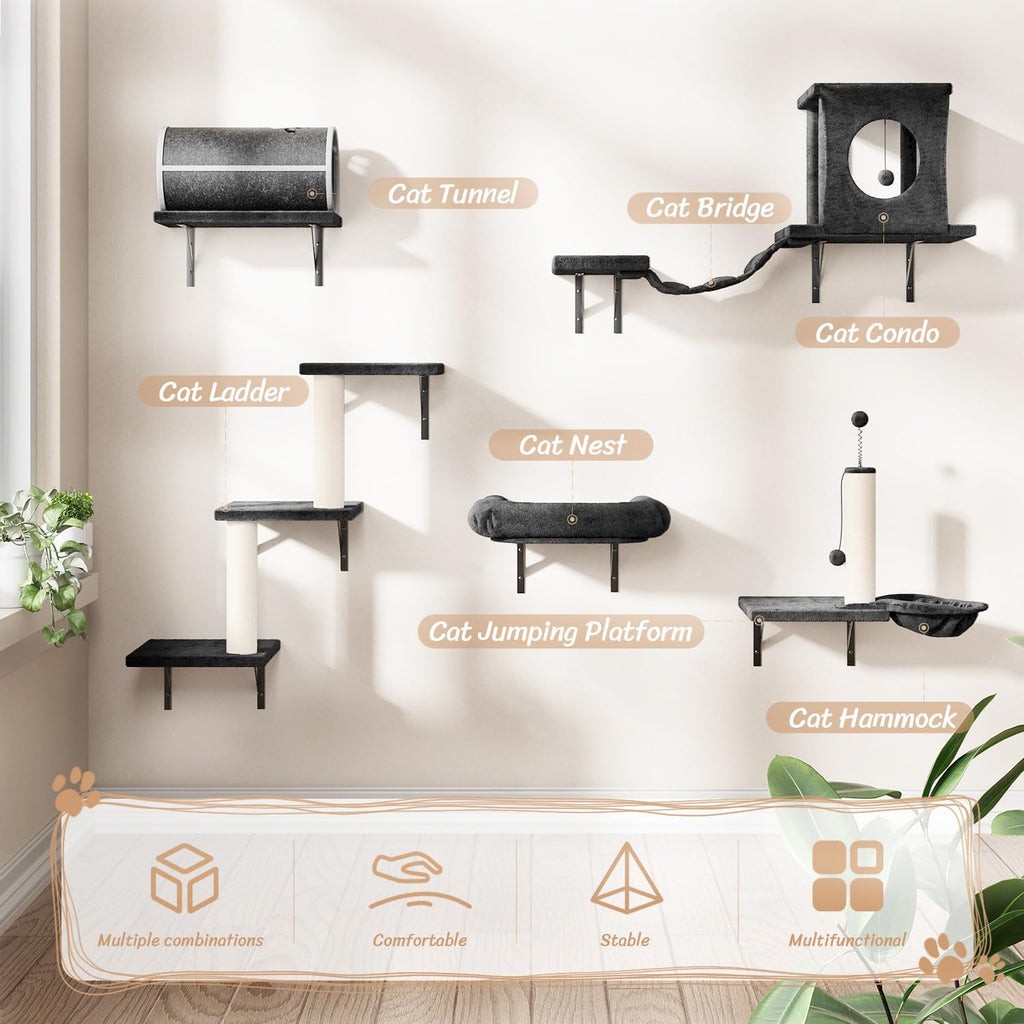 NUNU LAB 7-in-1 Wall Mounted Cat Climber Set, Cat Wall Furniture Set with House, Bridge, Steps, Scratcher Post, DIY Playground, Cat Wall Shelves - Dark Gray