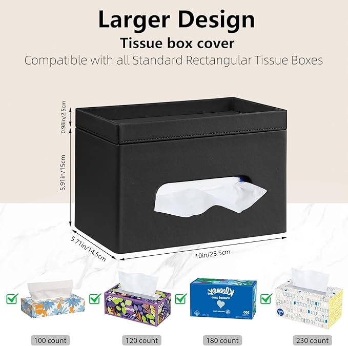 Fanousy Large Tissue Box Cover Rectangle with Tray on Top, PU Leather Facial Tissue Holder with Storage, Fits 230-Count Family Size Kleenex, Modern Nightstand Organizer for Bathroom Office Home Decor