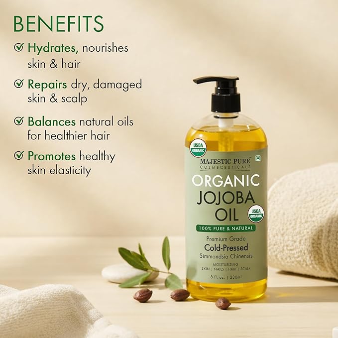 Majestic Pure USDA Organic Jojoba Oil 8 Fl Oz - 100% Pure and Natural- Cold Pressed & Hexane Free Natural Hair Growth Oil for Eyelashes, Eyebrows, Skin, Body, Face, Nails & Scalp