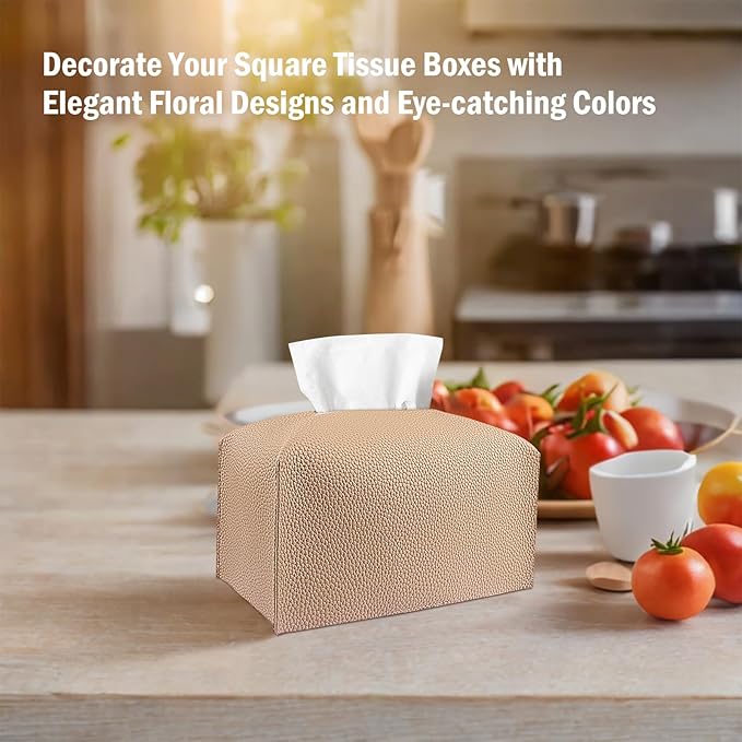 Tissue Box Cover PU Leather Tissue Holder Rectangle Facial Tissue Case Tissue Box Organizer Dispenser for Bathroom, Kitchen, Home, Office, Tabletop (SoftBeige, Short)