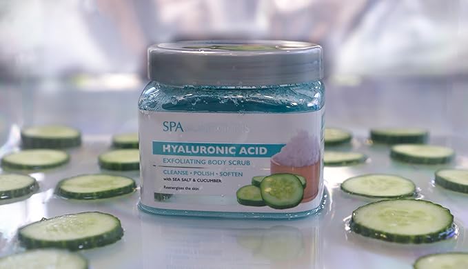 SpaScriptions Hyaluronic Acid Sugar Scrub - Hydrating Body Scrub Exfoliator with Seal Salt & Cucumber, Ideal for Dry & Rough Textured Skin, Helps Support Refershed, Hydrated & Smooth Skin, 21 oz