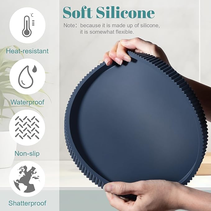 Silicone Bathroom Tray Round Kitchen Counter Organizer Decorative Vanity Accessories Coffee Table Decor for Perfume, Candle, Soap Dish, 10 Inch, Dark Blue