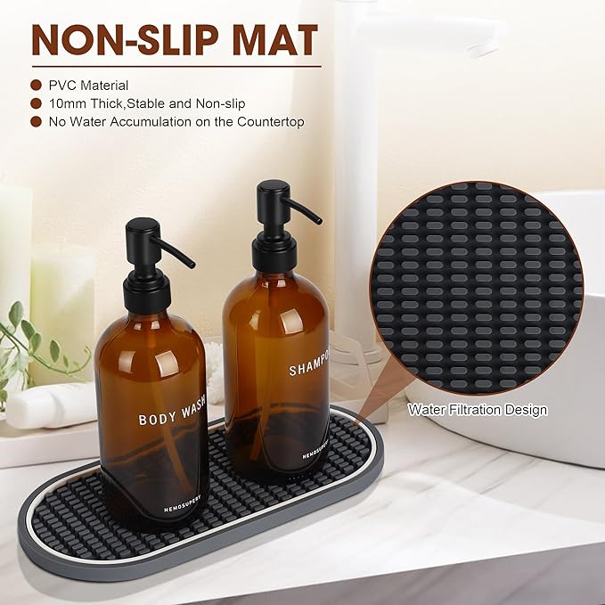 Glass Shampoo and Conditioner Dispenser-Shower Soap Dispenser for Bathroom-16.9 fl oz Set of 3 Refillable Glass Bottles with Pump and Labels-Shampoo Dispenser for Shower(Amber)