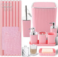 Bathroom Set with Shower Curtain and Rugs- 25PC Pink Bathroom Accessories, Shower Curtain Set, Toilet Brush, Trash Can, Qtip Holder & Soap Dispenser