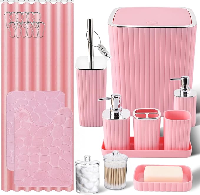 Bathroom Set with Shower Curtain and Rugs- 25PC Pink Bathroom Accessories, Shower Curtain Set, Toilet Brush, Trash Can, Qtip Holder & Soap Dispenser
