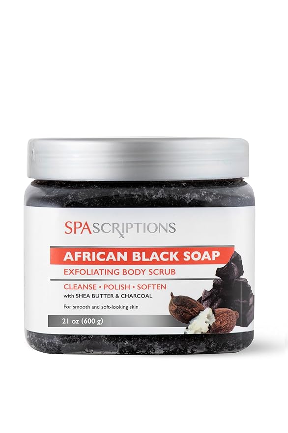SpaScriptions African Black Soap Sugar Scrub - Detoxifying Body Scrub Exfoliator with Shea Butter & Charcoal, Ideal for Oily or Congested Skin, Supports Deep Pore Cleansing & Clarifying Skin, 21 oz