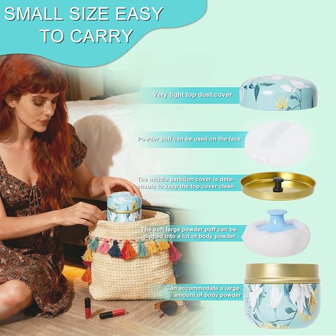 SHIMIDO Body Powder Puff and Container, 3.15" Portable Empty Body Powder Container for Baby Women's Loose Dusting Powder, Powder Case Box with Lids for Bath, Travel and Home Use (Cyan Flower)
