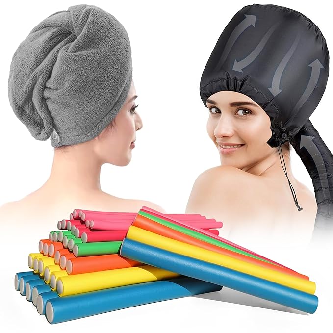 42 pcs 7" Flexible Rods,Hair Curlers Rollers Flexible Curling Rods,Heatless Bendy Foam Curls for Long,Medium,Short Hair to Sleep in,with Hair Dryer Bonnet,Drying Towel 3 IN 1(Gray)