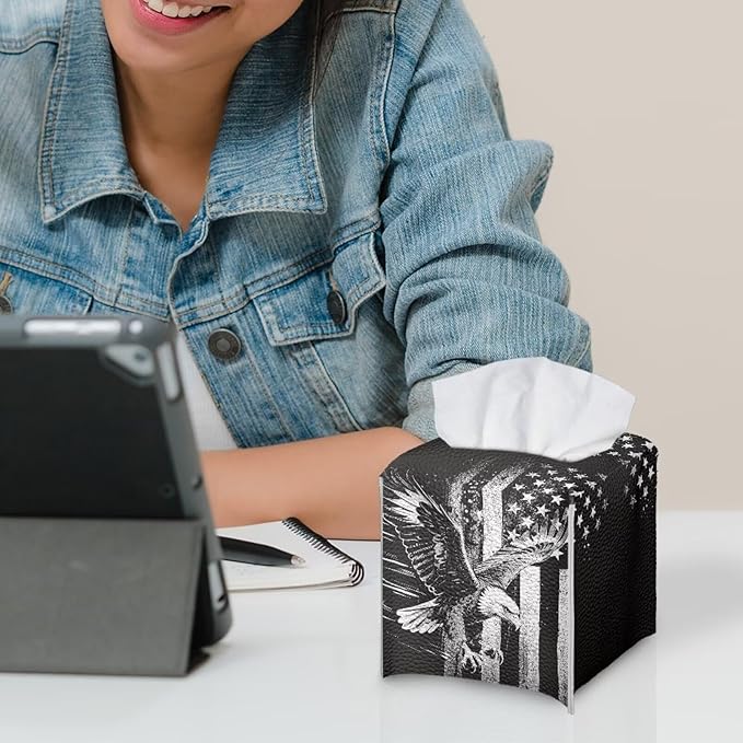 American Flag Eagle Portable Tissue Box Holder, Lightweight PU Leather Square Tissue Cover with Metal Button, Easy Refill Waterproof Napkin Dispenser for Travel, Car, Office, and Bedroom