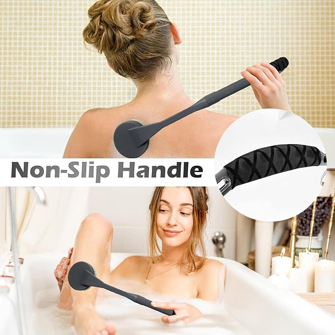 Back Scrubber for Shower, 20.5" Anti Slip Long Handle Bath Brush, Back Brush with Stiff and Soft Bristles Detachable Heads, Showering Exfoliator for Women, Men, Elderly