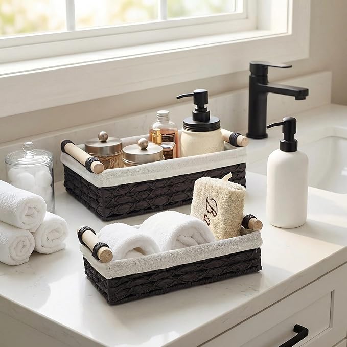 Baskets for Organizing, Set of 2 Black Paper Rope Bathroom Countertop Baskets with Liner, Woven Basket Organizer with Wooden Handles for Vanity, Counter, Shelf Storage