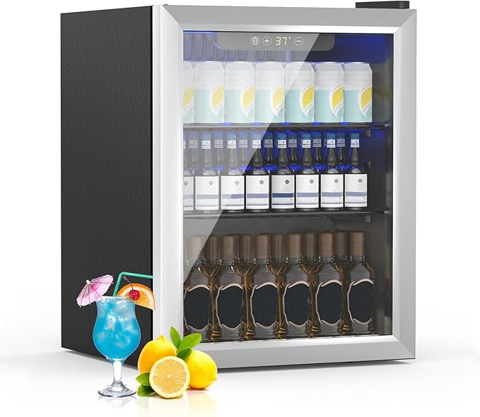 Beverage Refrigerator, 1.6 Cubic Feet/70 Can Fridge for Soda Beer or Wine with Adjustable Shelve & LED Display, Small Refrigerator for Home/Bar/Office(Silver)
