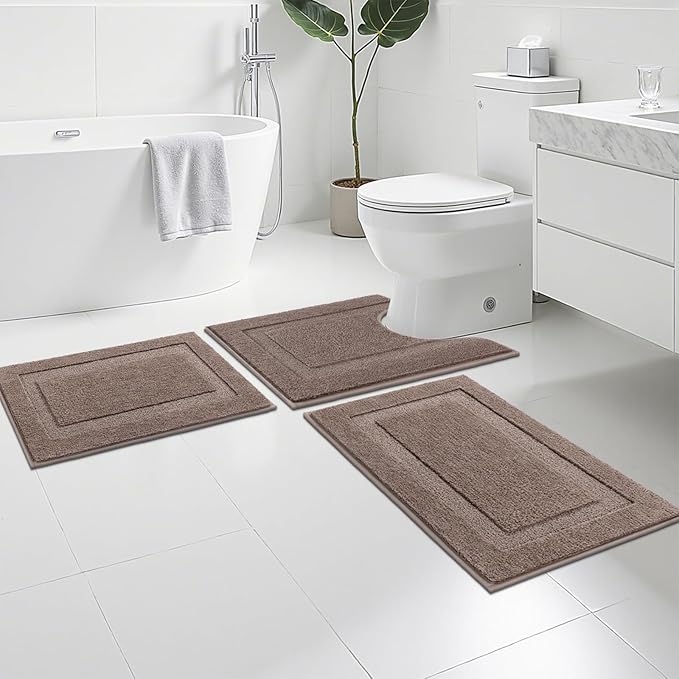 SHACOS Brown Bathroom Rugs Sets 3 Piece, 16"x24" + 20"x32" Bath Rugs + 20"x24" U Shaped Toilet Rugs, Non-Slip Extra Soft Absorbent Bath Rug Washable Bathroom Floor Mats