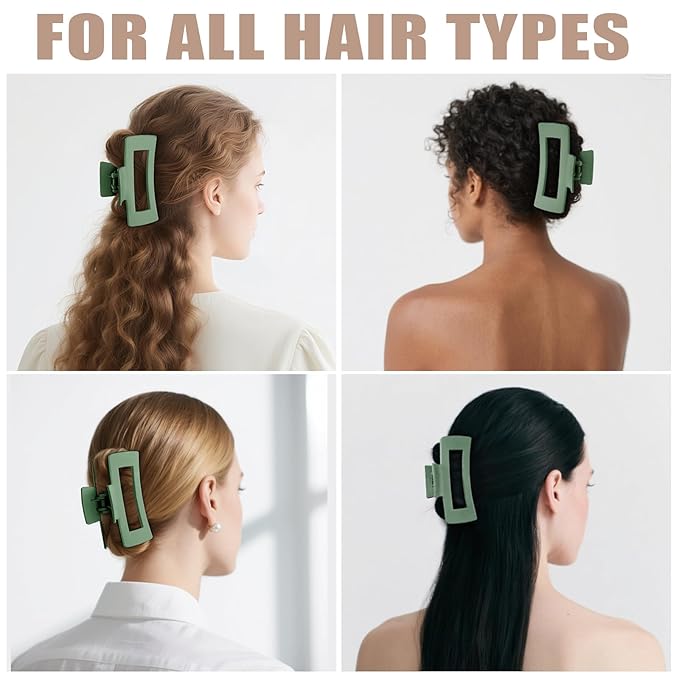 TOCESS Hair Claw Clips for Women - 8PK Large Neutral Matte Square Jumbo Hair Clips for Thick, Thin, Long, Short, Curly Hair Girls, Big Jaw Clip Set for Daily Use (Forest Green)