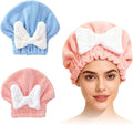 2PCS Super Absorbent Hair Towel Wrap for Wet Hair,Microfiber Hair Drying with Caps Bow Design,2026 New Fast Drying Hair Turban Wrap Towels Shower Cap for Girls and Women(Pink, Blue)