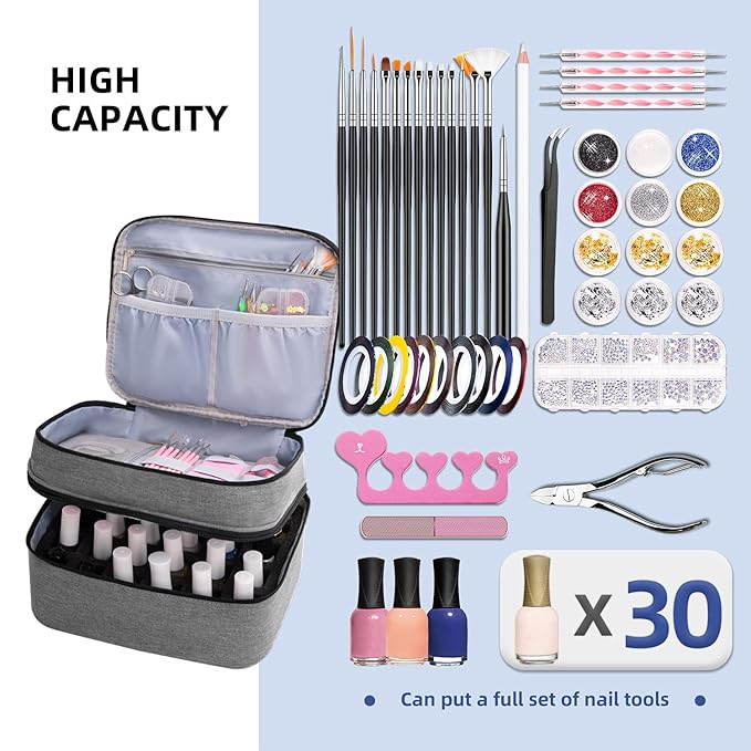 Travel Nail Polish Organizer Double Layer Carrying Case for Fingernail Polish, Holds 30 Bottles with Dividers Portable Large Storage Case for Gel Nail Polish Holder, Grey (BAG ONLY)