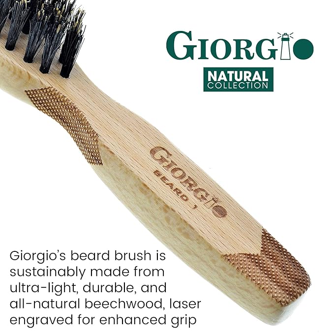 Giorgio GBRD1 Small Travel Men's Mustache and Beard Brush, Natural Boar Bristle for Flawless Shaping and Grooming. Ergonomic Grip Wood Handle. Dry or Wet, Distributes Oils and Balms to Soften Beard