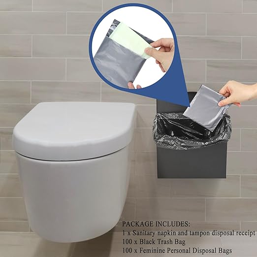 Sanitary Napkin Disposal Receptacle with Hygiene Disposal Bags and Trash Bag,9.4x7.8x3.5 inches Stainless Steel Wall Mounted Feminine Hygiene Disposal Trash Can Bin for Bathroom,Office (Black)