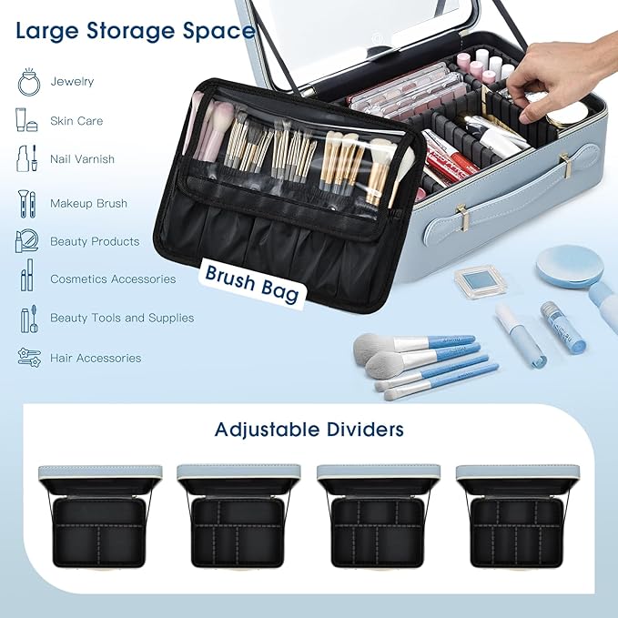 Leather Makeup Case with LED Lighted Mirror 11.4 Inch Travel Makeup Bag Adjustable Brightness in 3 Colors Cosmetic Organizer Artist Storage Bag with Dividers Brush Holder Bag Vanity Blue