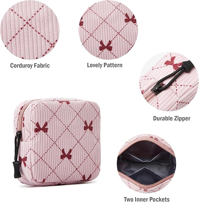 Small Makeup Bag for Purse,Mini Cosmetics Bag cute Zipper corduroy Cosmetic Pouch Storage Pouch Travel Toiletry Organizer for Women Girls(Bowknot Pink)