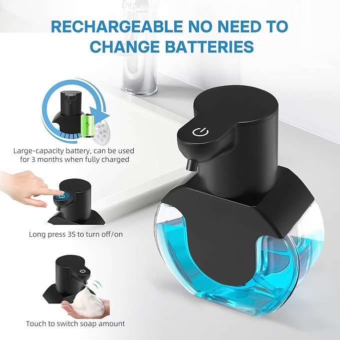 Automatic Soap Dispenser Touchless,14.2oz/420ML Auto Liquid Soap Dispenser,Rechargeabled Wall Mounted Smart Pump for Bathroom Kitchen,Black