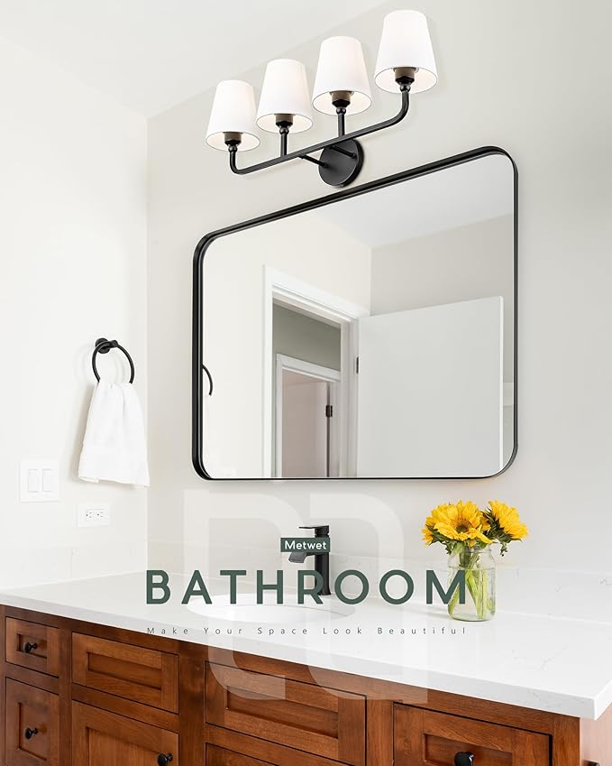 Bathroom Light Fixtures, 4 Light Matte Black Vanity Lights with Flared White Fabric Shade, 28 Inch Wall Sconce, Modern Sconces Wall Lighting for Hallway Bedroom, VL837-MB-4