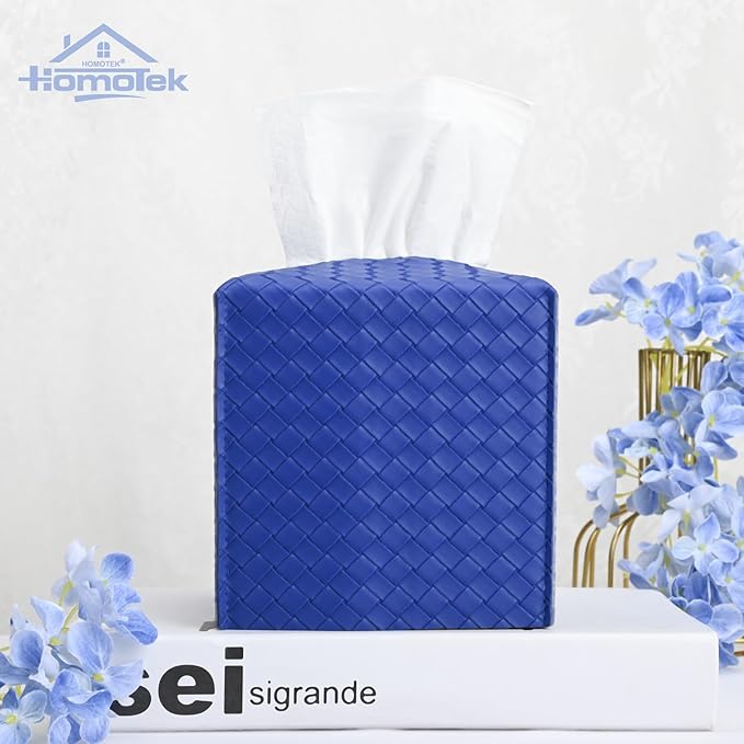 HOMOTEK 2 Pack Tissue Box Cover, Square PU Leather Tissue Holder, Decorative Facial Tissue Cube Paper Organizer Dispenser for Bathroom, Night Stands, Desk, Car 5X5X5'' - Woven Waffle,Blue