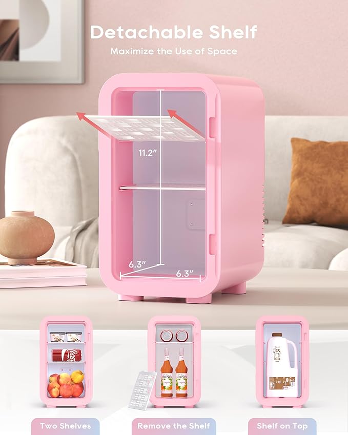 Mini Fridge,6 Liter/8 Can New Upgraded Skincare Fridge,110V AC/DC Portable Thermoelectric Cooler & Warmer for Skin Care, Cosmetics, Beverage, Food,Great for Bedroom,Office,Dorm(Pink)