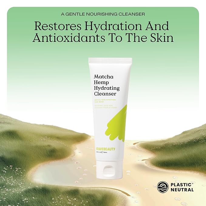 KraveBeauty Matcha Hemp Hydrating Cleanser for Dry or Sensitive Skin, Gentle, Non-Stripping Face Wash with Matcha, Hemp Seed Oil & Glycerin, Fragrance Free, 120ml
