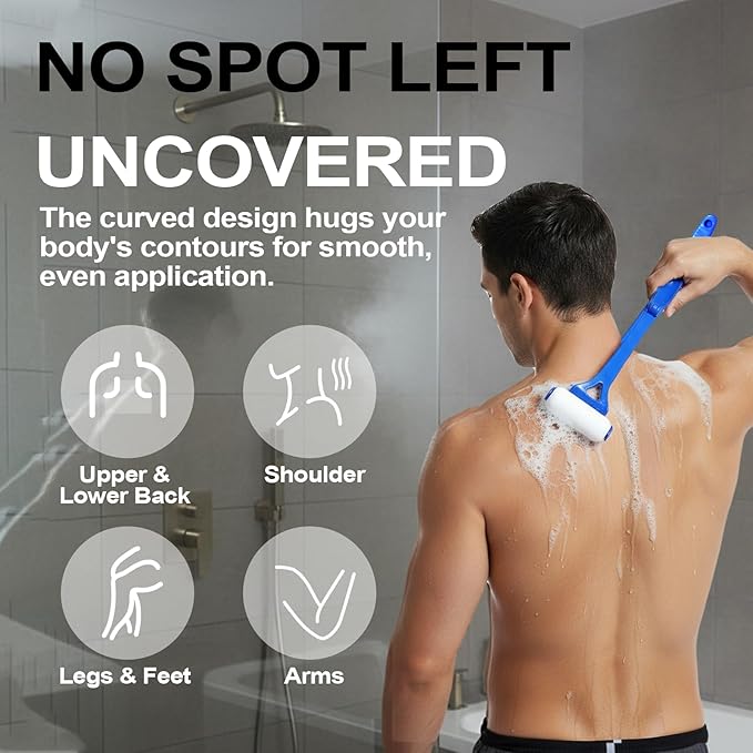 Lotion Applicator for Back & Body, Sunscreen Application Roller (3 Reusable Foam Rollers) with Long Reach Folding Handle and Silicone Body Scrubber - Apply Lotion, Moisturizer, Cream, Ointment,Blue