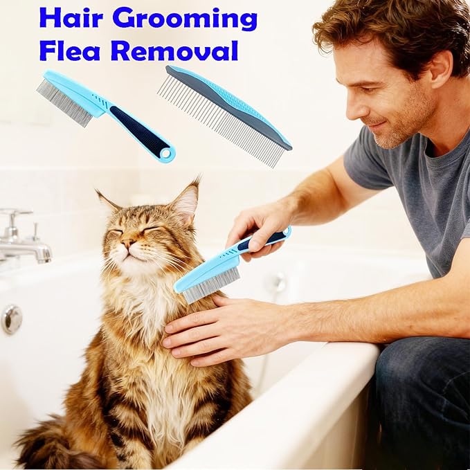 5-in-1 Pet Grooming Kit with Self-Cleaning Slicker Brush for Dogs & Cats, Includes Undercoat Rake, Dematting Comb, Fine-Tooth Flea Comb, and Massage Bath Brush - Complete Grooming Solution