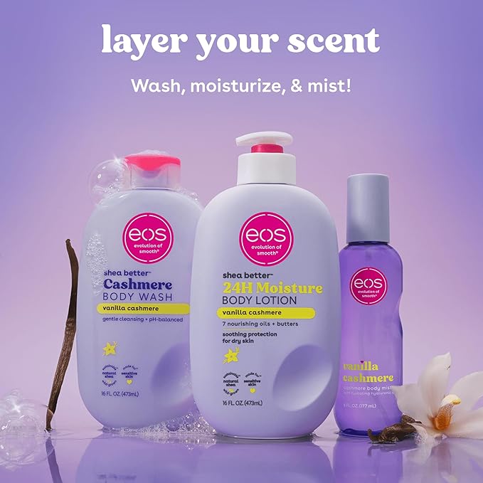 eos Cashmere Body Wash – Vanilla Cashmere, Moisturizing Body Wash, Creamy Gel Formula, with Shea Butter, Glycerin, Vitamin E, pH Balanced, Sensitive Skin, Vegan, 16 fl oz
