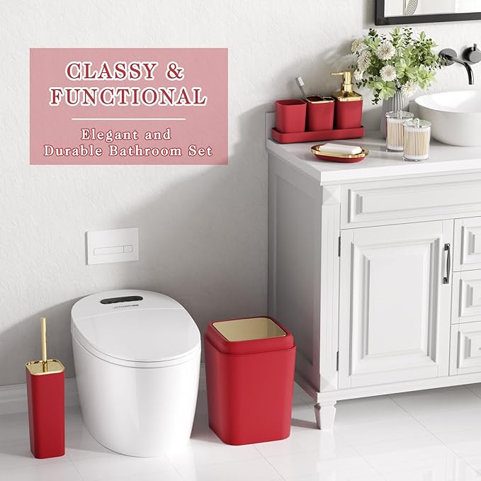 Burgundy Bathroom Accessories Set with Shower Curtain and Rugs, Dark Red Bathroom Accessories with Trash Can,Toothbrush Holder and Cup,Soap Dispenser,Tray,Soap Dish,Toilet Brush,Qtip Holders