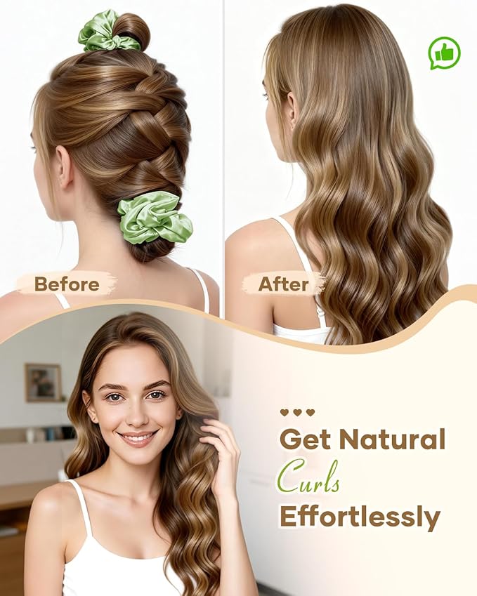 BONNET QUEEN Satin Heatless Hair Curler, Overnight Curls for Long Hair, ultra soft Heatless Curling Rod & 2 Scrunchies,Damage-Free Styling, Soft Hair Curlers for Overnight Use(Sage)