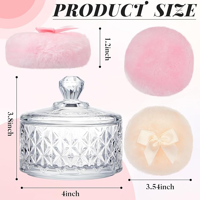 Tioncy 3 Pcs Large Body Powder Puff and Container Valentine's Day gift Powder Container with Puff Crystal Case Soft Washable Reusable Velour Face Body Glitter Wet Dry Makeup(Diamond,Clear)