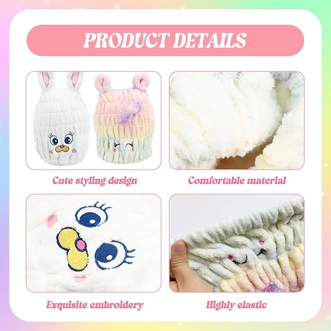 2 PCS Microfiber Hair Towel Wrap for Kids, Girls & Women,Cute Unicorn and White Rabbit Dry Hair Cap - Super Absorbent Quick Drying, Lightweight Turban Towel for Wet Hair
