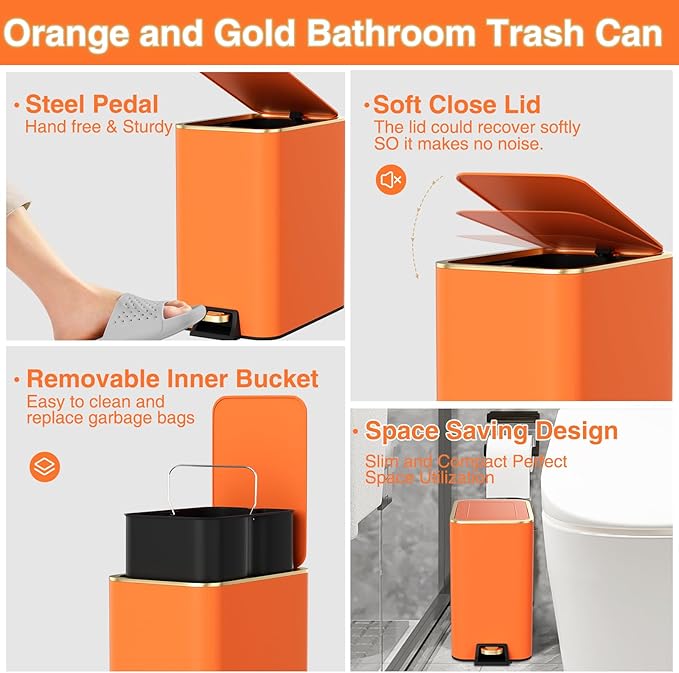 Bathroom Accessories 8 Piece Orange and Gold Bathroom Set, Bath Accessories with Stainless Steel Trash Can,Toilet Brush,Toothbrush Set,Soap Dispenser