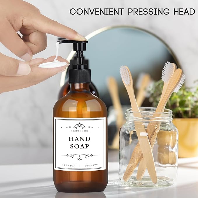4 Pack 16.9 Oz Shampoo and Conditioner Hand Soap Dispenser Refillable Pump Bottles with Waterproof Labels (Amber)