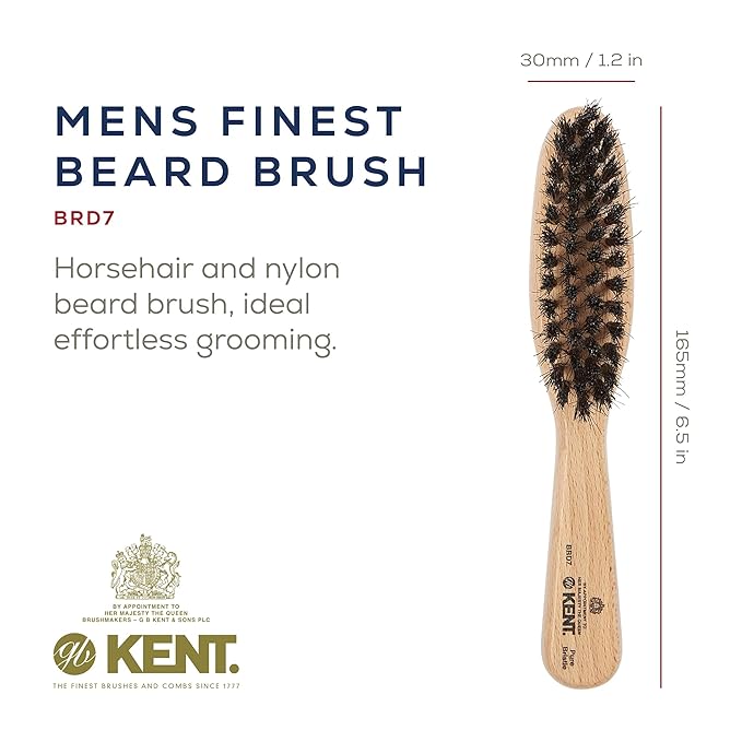 Kent BRD7 Horsehair and Nylon Blend Soft Beard Brush for Men for Flawless Shaping and Grooming, Ergonomic Grip Beechwood Handle, for Mustache and Beards, Distributes Oils and Balms. Made in England