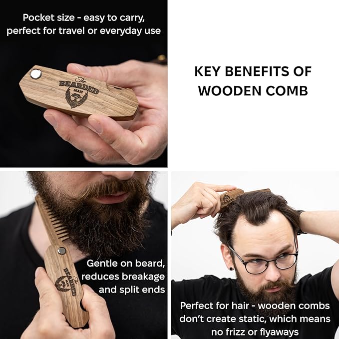 Enjoy The Wood Beard Comb for Men, Folding Pocket Beard Accessories for Men, Engraved Walnut Wooden Comb for Moustache, Beard & Hair For Him (Bearded Man)