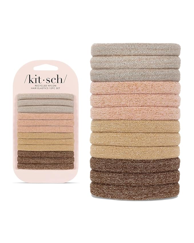 Kitsch Nylon Hair Ties No Damage - Stretchable Hair Bands for Strong All-Day Hold, Ponytail Holders | Hair Accessories for Girls | Ideal Gifts for Women - Neutral 12 Pcs