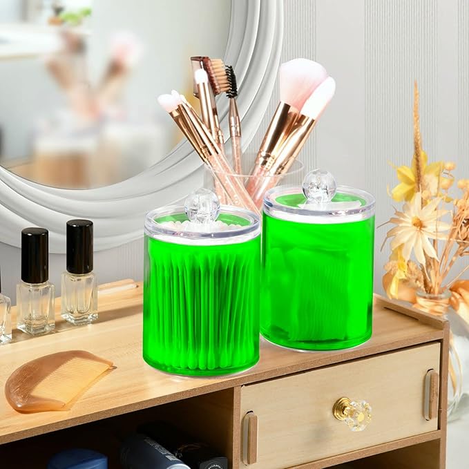 Green Qtip Holder Organizer Dispenser Cotton Swabs Cans Plastic Jars with Lid Set 2 Pack Bathroom Storage Canister for Cotton Ball Floss Cotton Pads