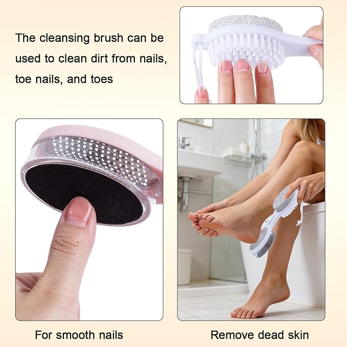 Foot Scrubber Brush with Pumice Stone for Feet 5-in-1, 2Pcs Foot File Callus Remover, Stainless Steel Feet Scraper, Cleaning Brush & Sand Paper Debris Catcher, Multi Purpose Home Foot Care, Pink White