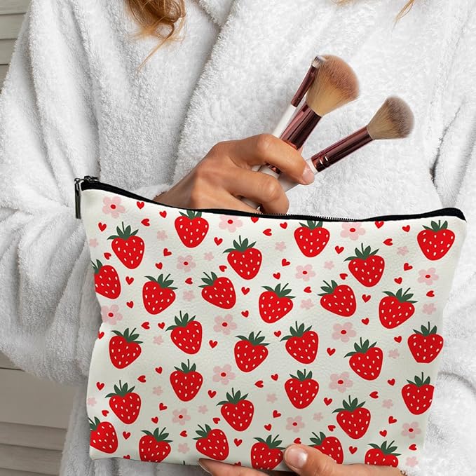Red Strawberry Makeup Bag Cosmetic Bag, Cute Strawberry Stuff, Strawberry Gifts for Women, Cut Strawberry Small Makeup Bag for Purse (PU)